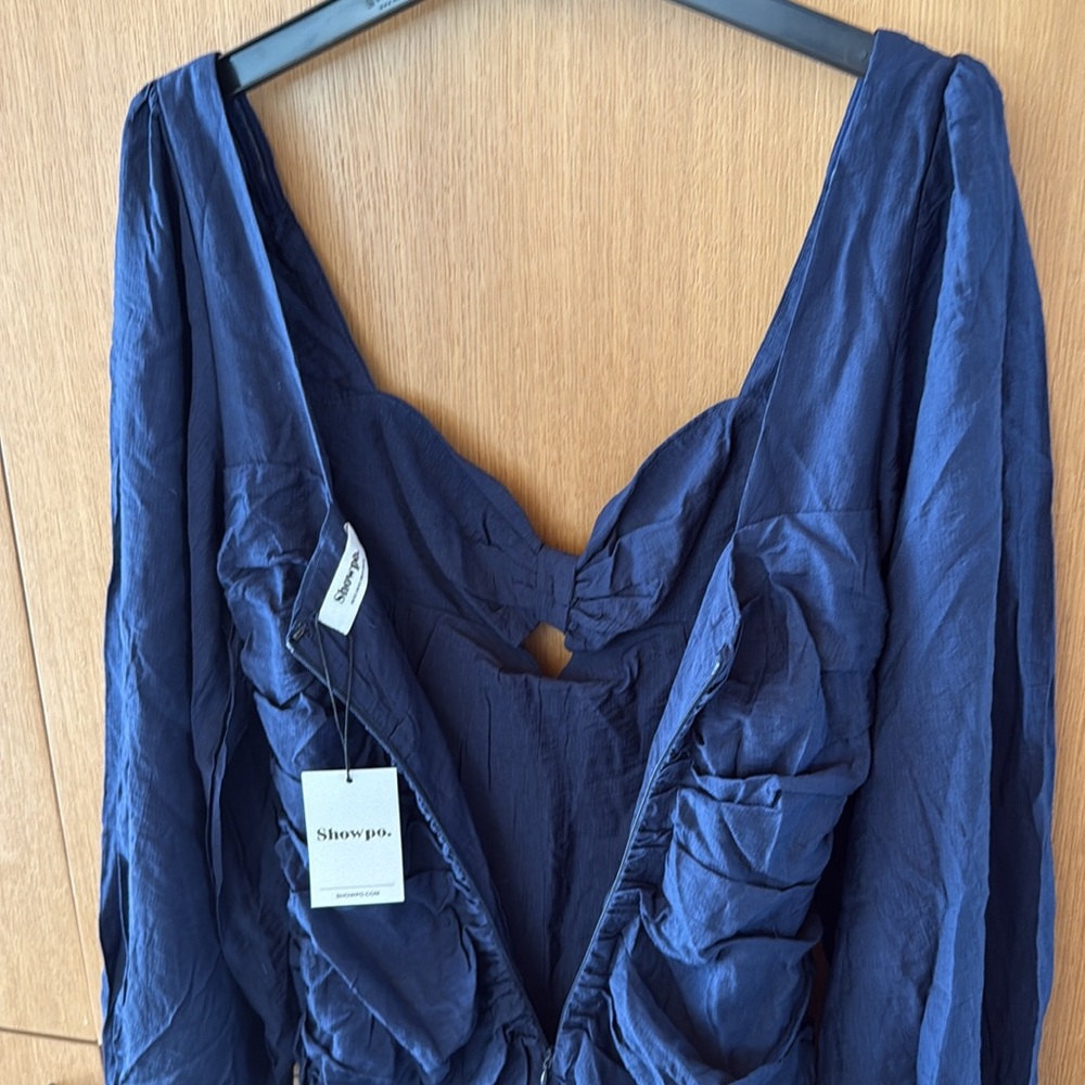 SHOWPO Kilian Mini Dress Ruched Long Sleeve Dress in Navy NEW WITH TAGS Size 4 - Picture 8 of 9